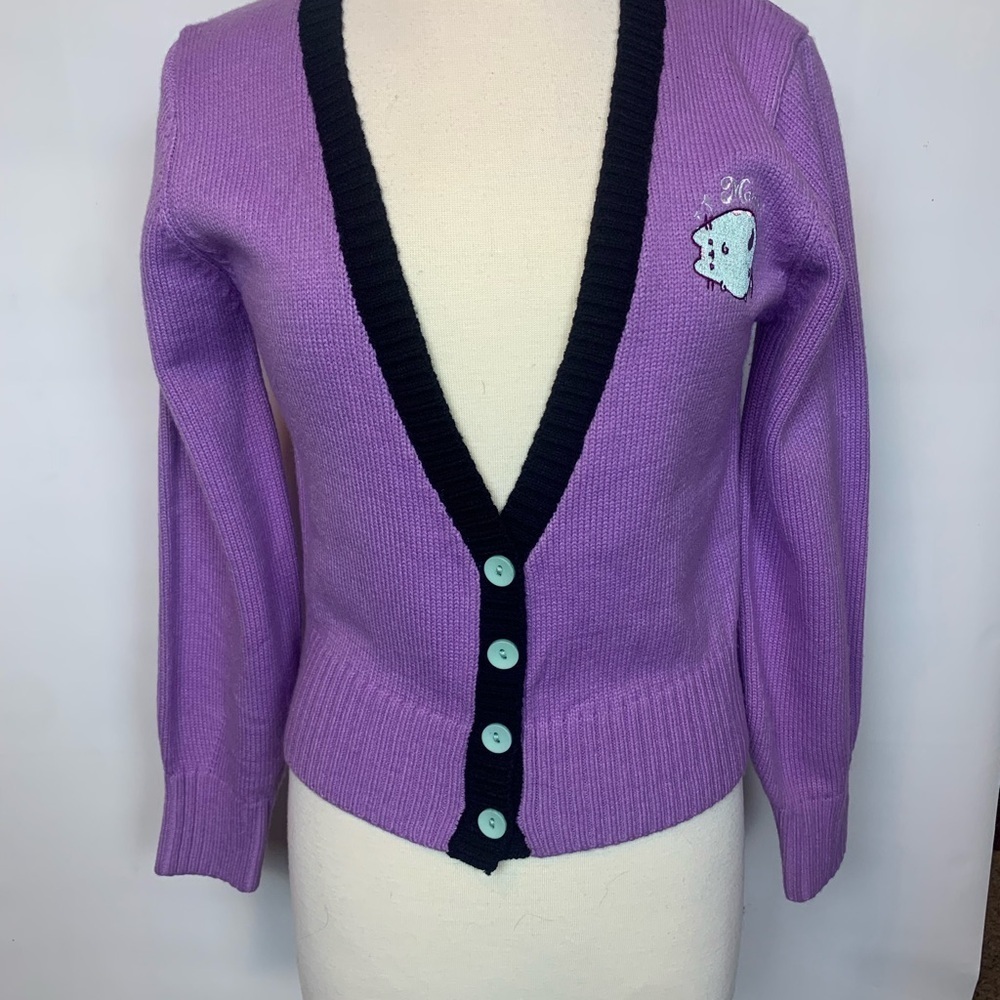 Pusheen the Cat "Unique Vintage" Mood purple & black Cardigan Sweater, Size M/L